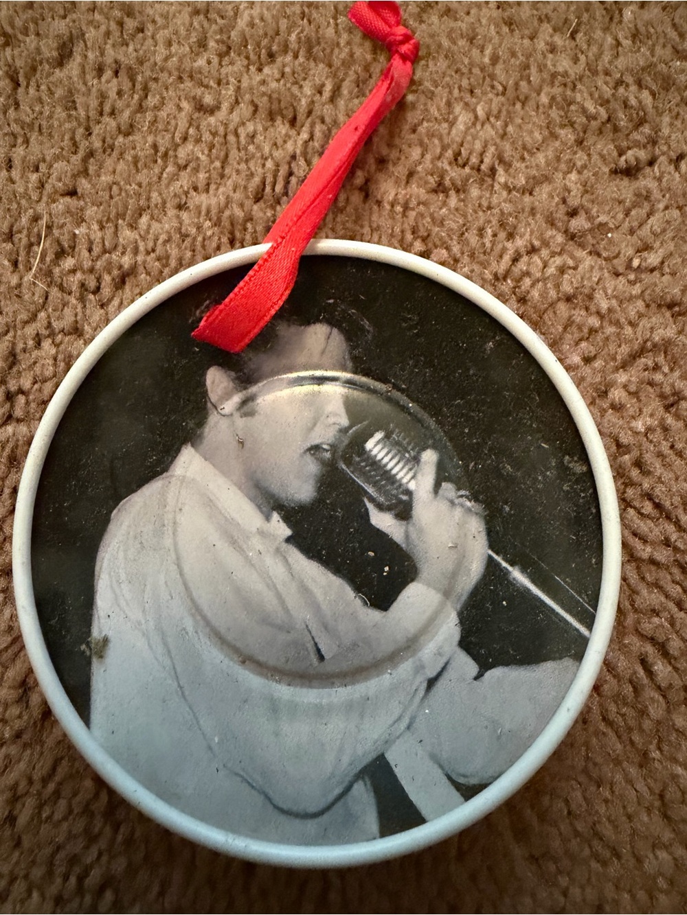 Black & White Round Elvis Ornament with Red Ribbon